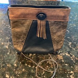 Handmade brown and metallic bronze leather crossbody bag EUC, from crafts fair